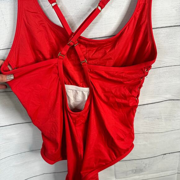 La Blanca size Medium 8 10 Lace Up Grommet One Piece Swimsuit Bathing Suit Red - Picture 5 of 7